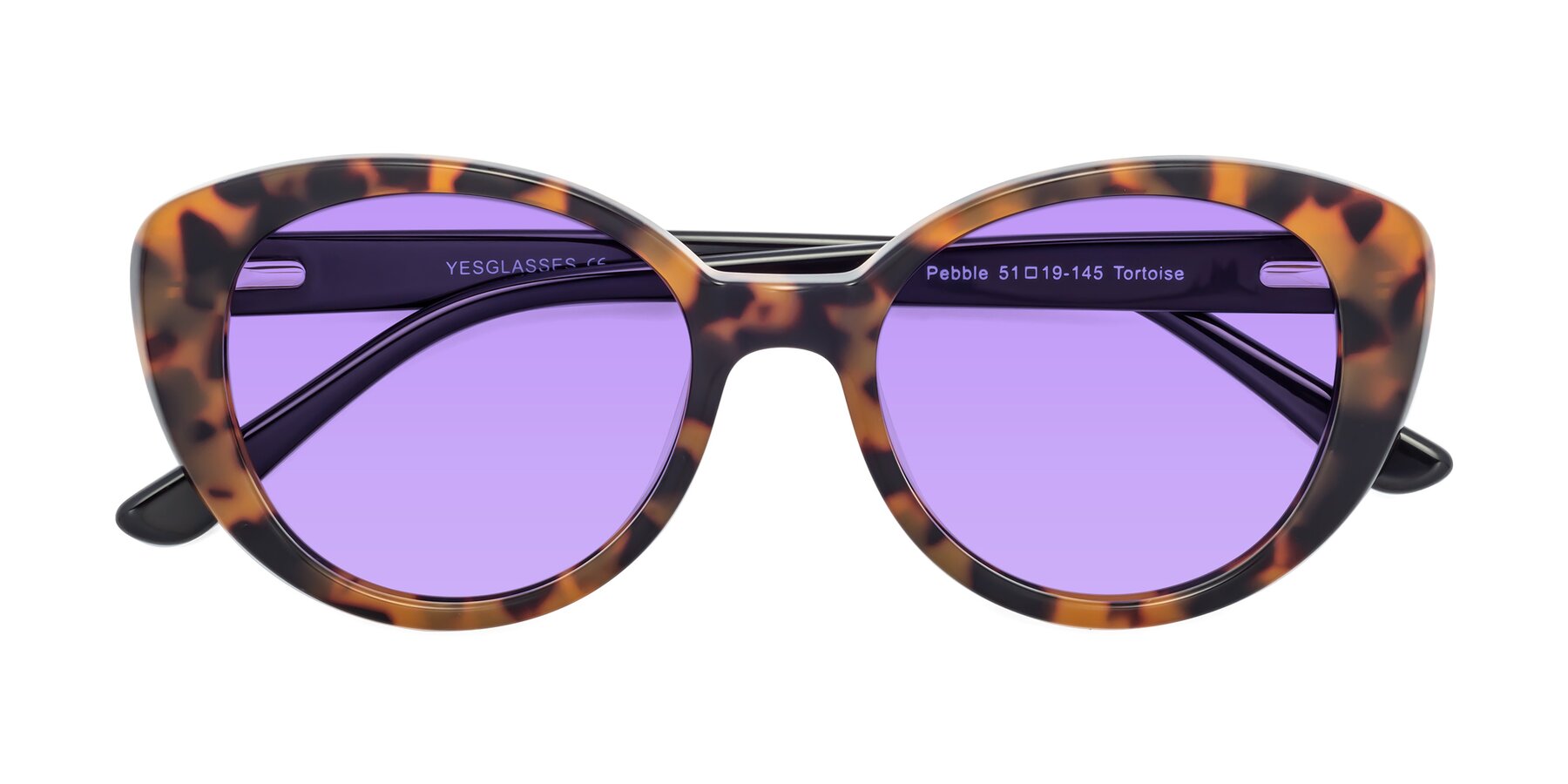 Folded Front of Pebble in Tortoise with Medium Purple Tinted Lenses