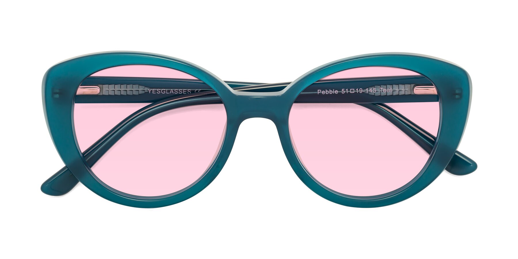 Folded Front of Pebble in Teal Blue with Light Pink Tinted Lenses