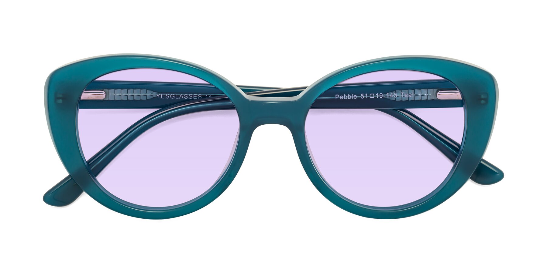 Folded Front of Pebble in Teal Blue with Light Purple Tinted Lenses