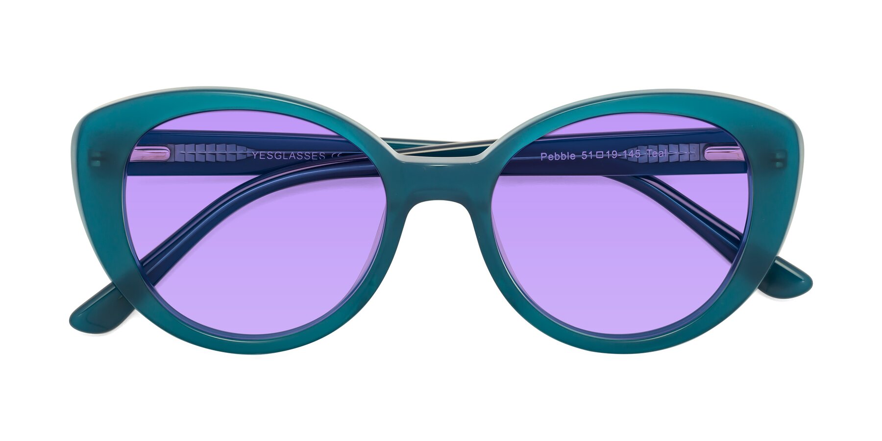 Folded Front of Pebble in Teal Blue with Medium Purple Tinted Lenses