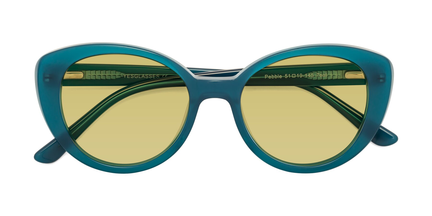 Folded Front of Pebble in Teal Blue with Medium Champagne Tinted Lenses