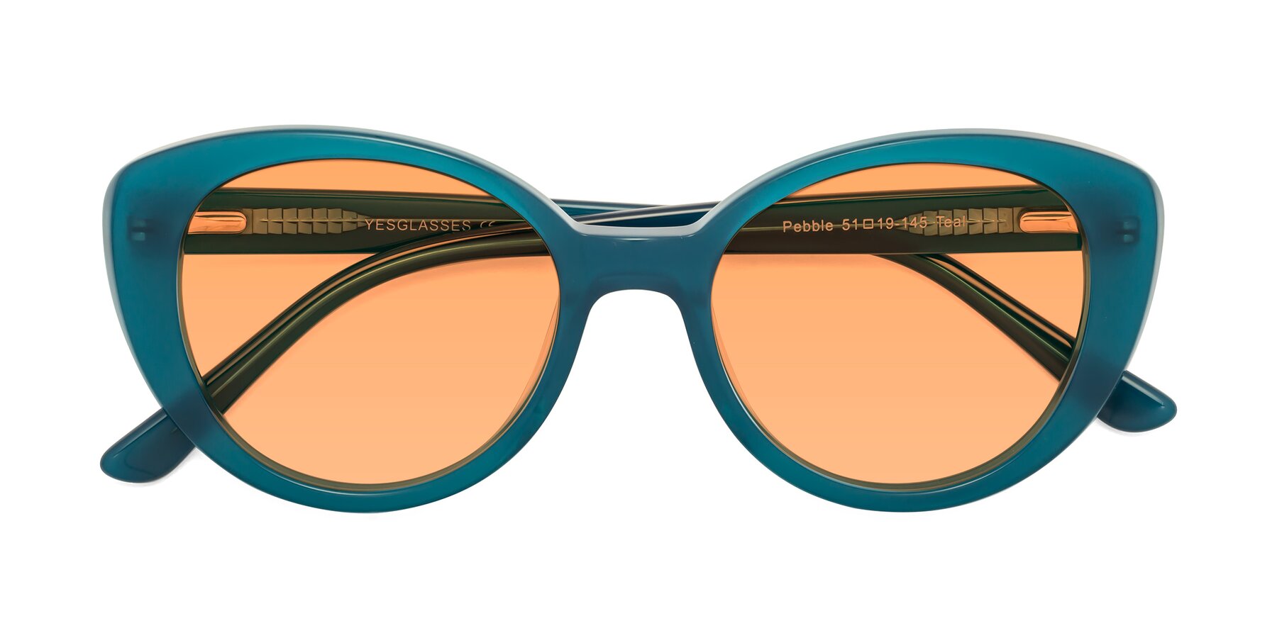Folded Front of Pebble in Teal Blue with Medium Orange Tinted Lenses