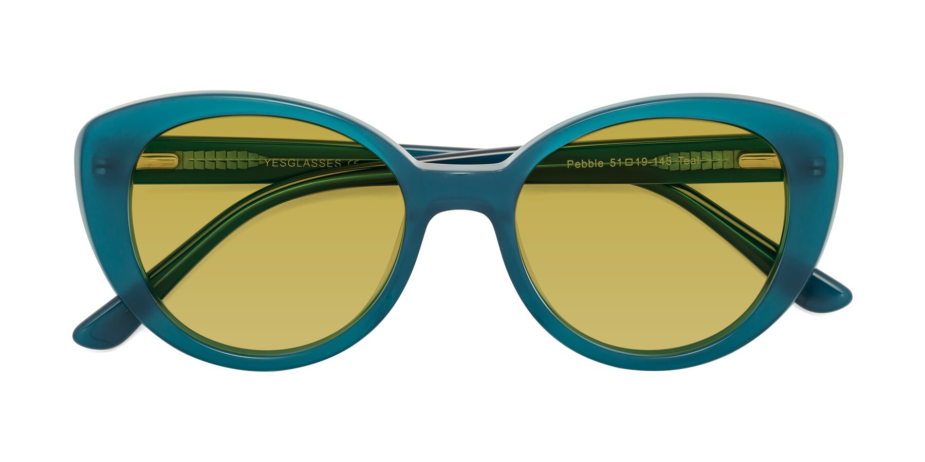 Folded Front of Pebble in Teal Blue with Champagne Tinted Lenses