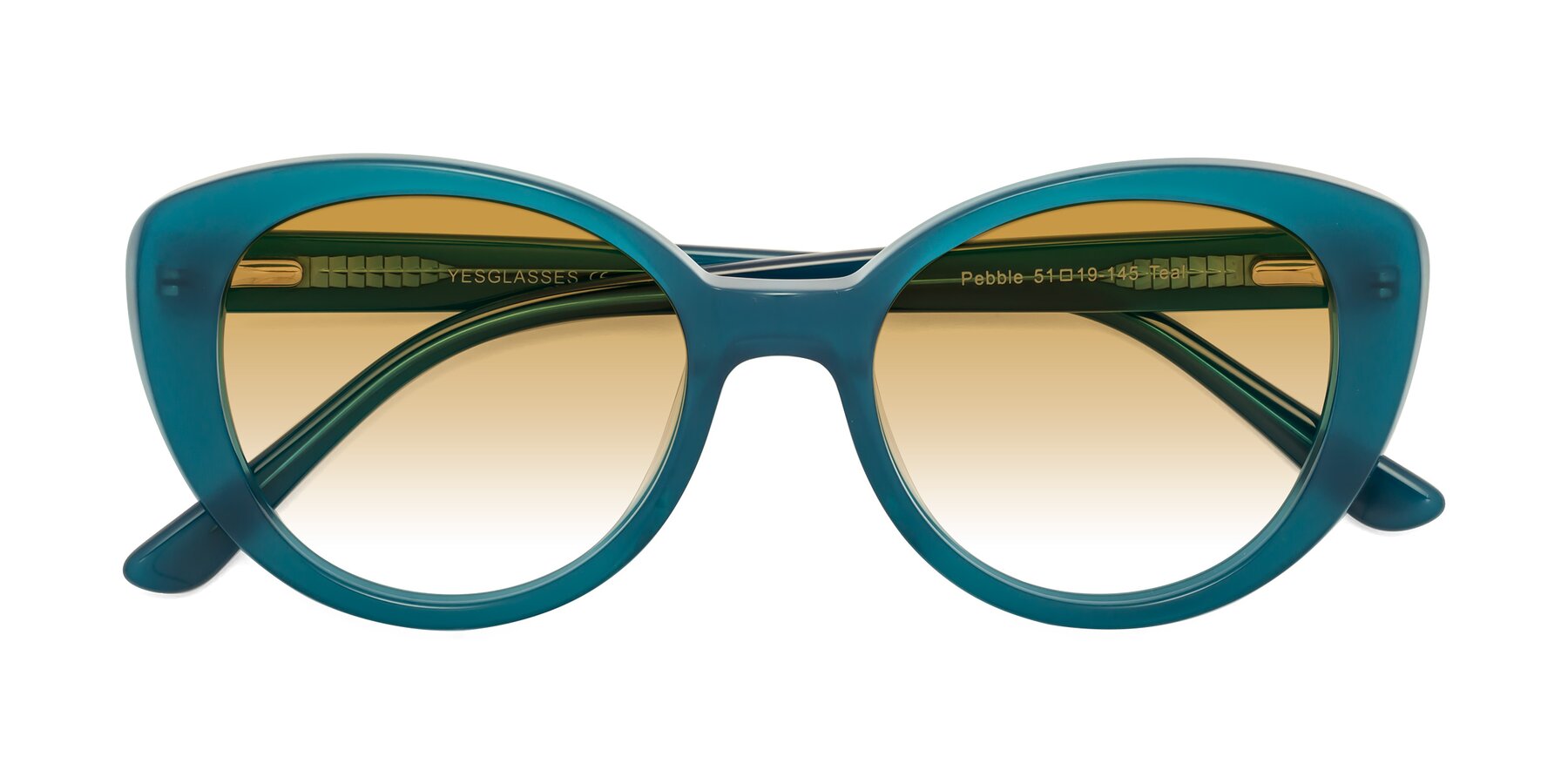 Folded Front of Pebble in Teal Blue with Champagne Gradient Lenses