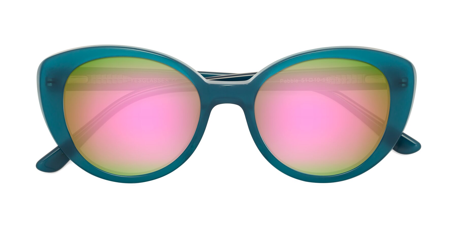 Folded Front of Pebble in Teal Blue with Pink Mirrored Lenses