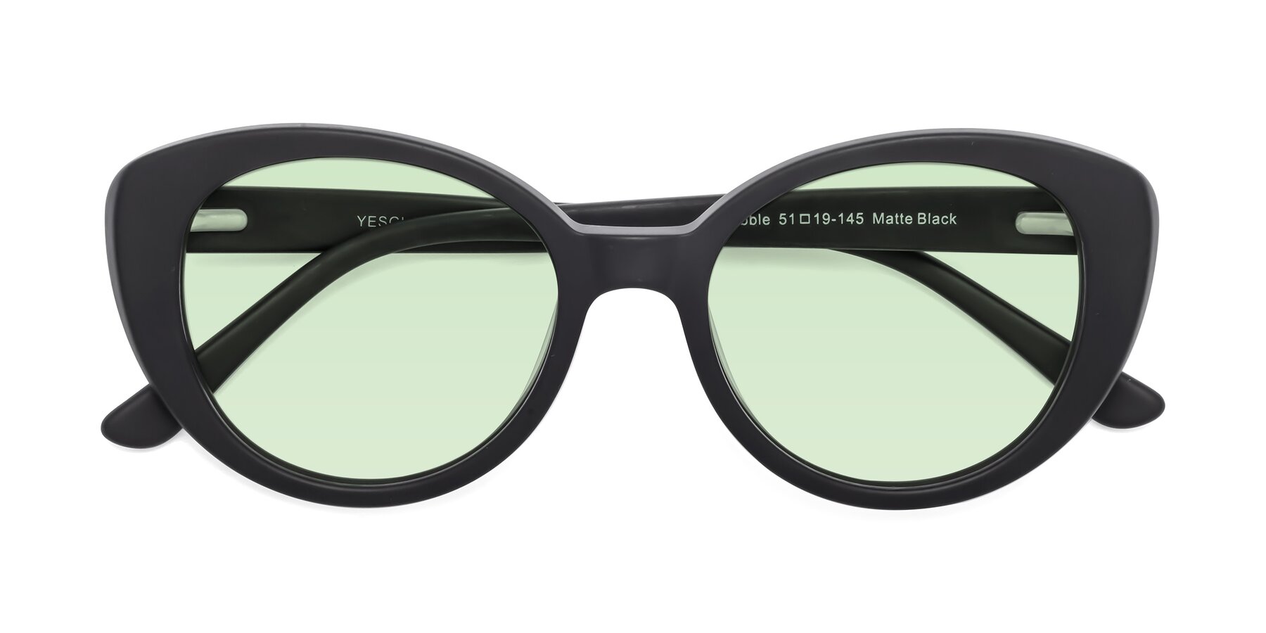 Folded Front of Pebble in Matte Black with Light Green Tinted Lenses