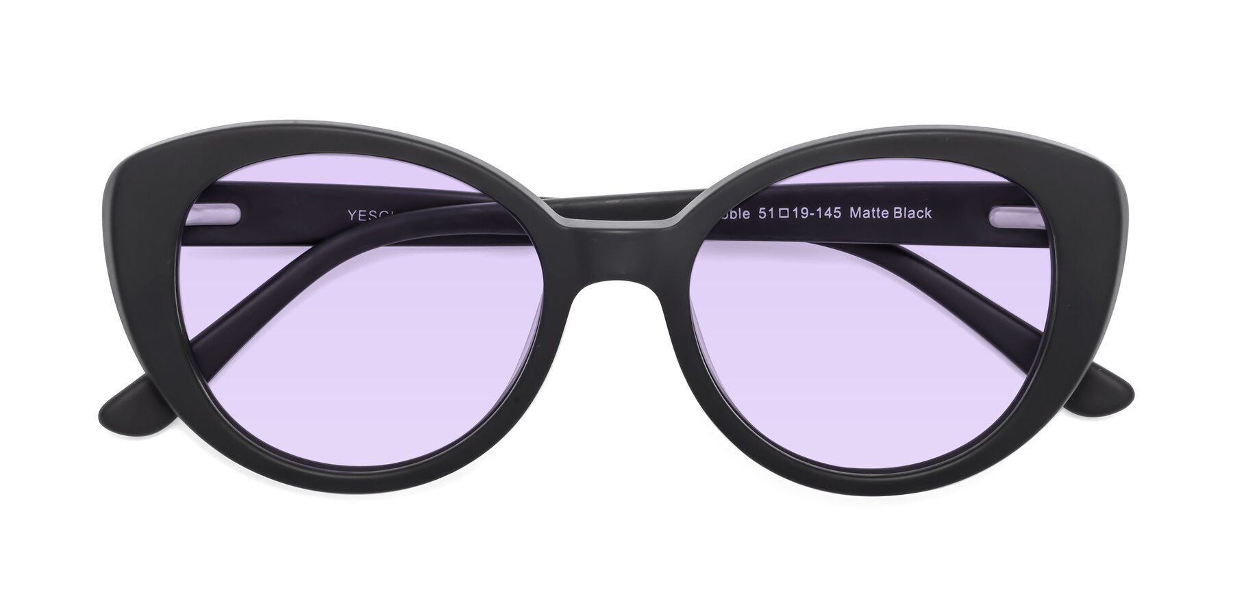 Folded Front of Pebble in Matte Black with Light Purple Tinted Lenses