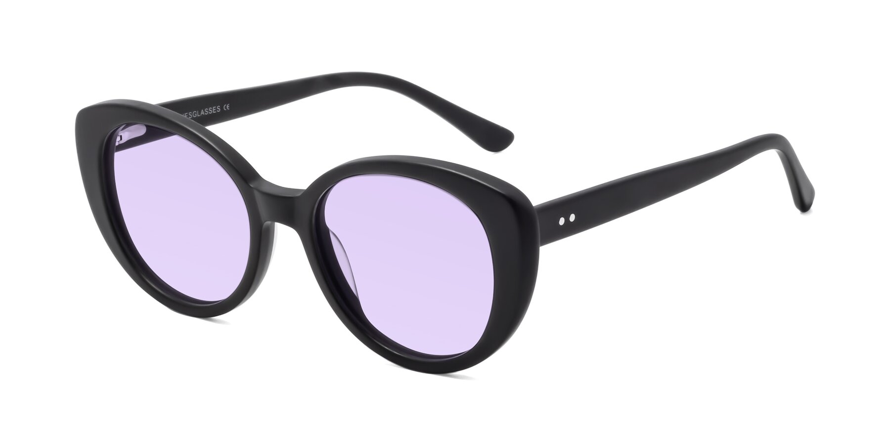 Angle of Pebble in Matte Black with Light Purple Tinted Lenses