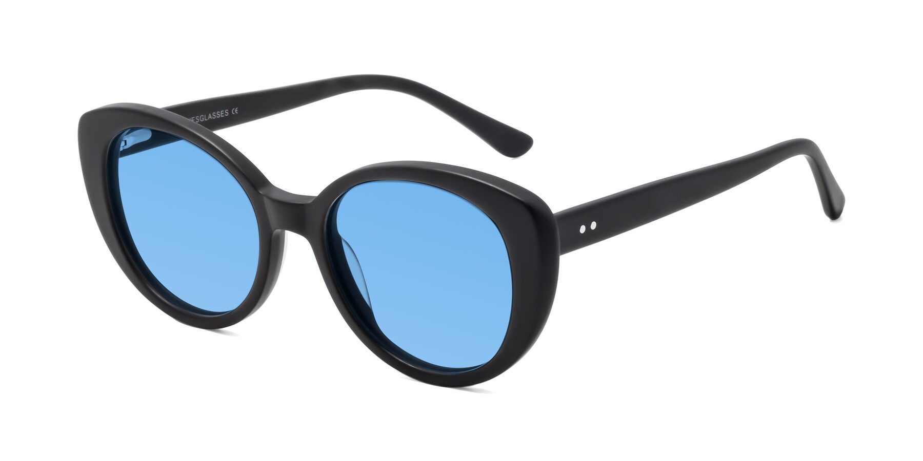 Angle of Pebble in Matte Black with Medium Blue Tinted Lenses