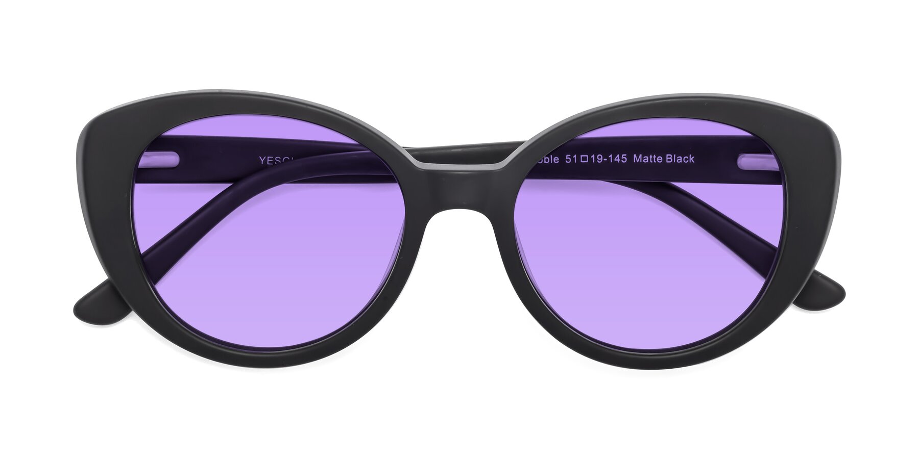 Folded Front of Pebble in Matte Black with Medium Purple Tinted Lenses