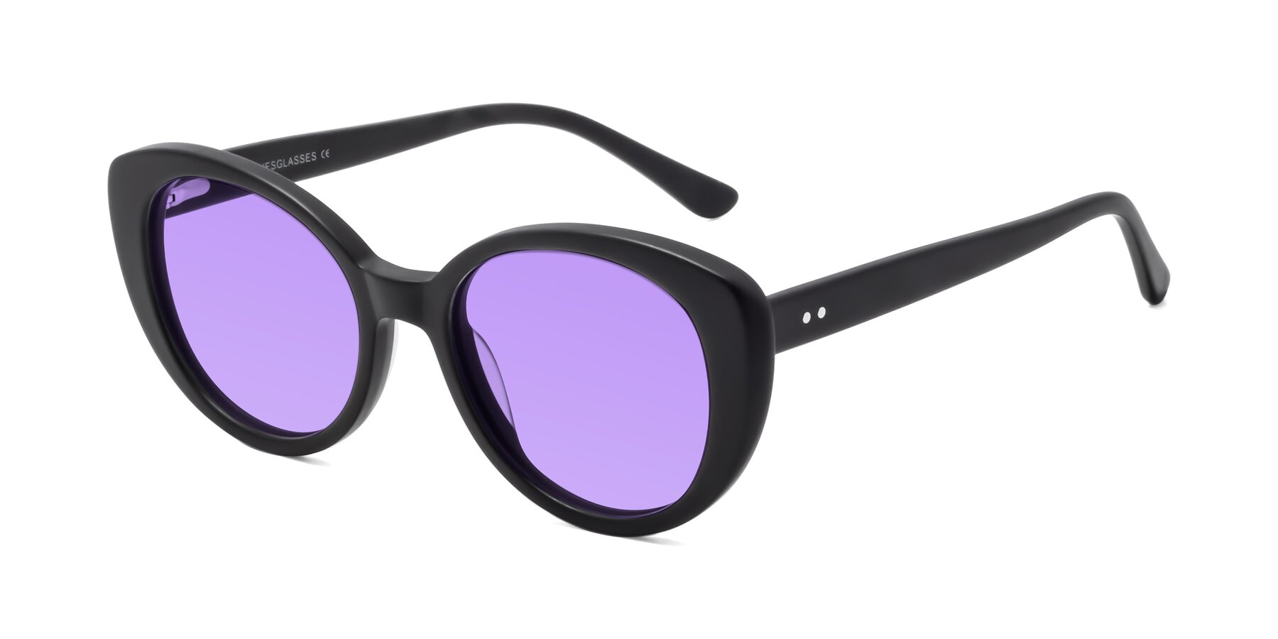 Angle of Pebble in Matte Black with Medium Purple Tinted Lenses