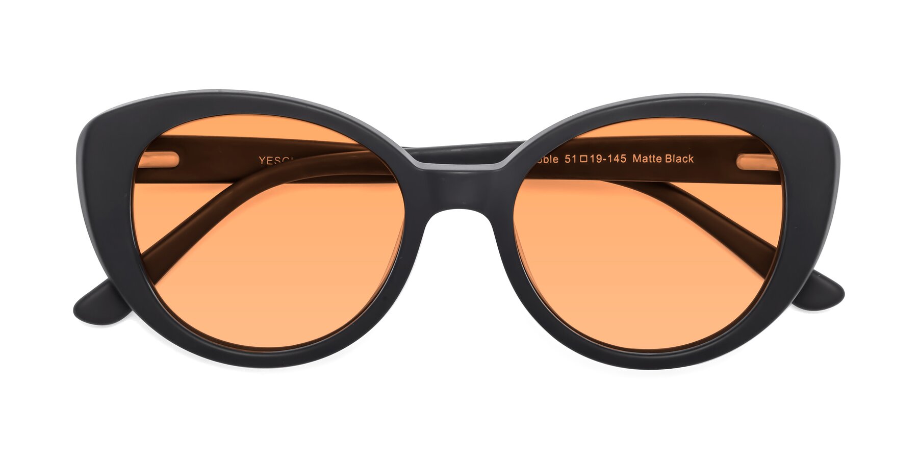 Folded Front of Pebble in Matte Black with Medium Orange Tinted Lenses