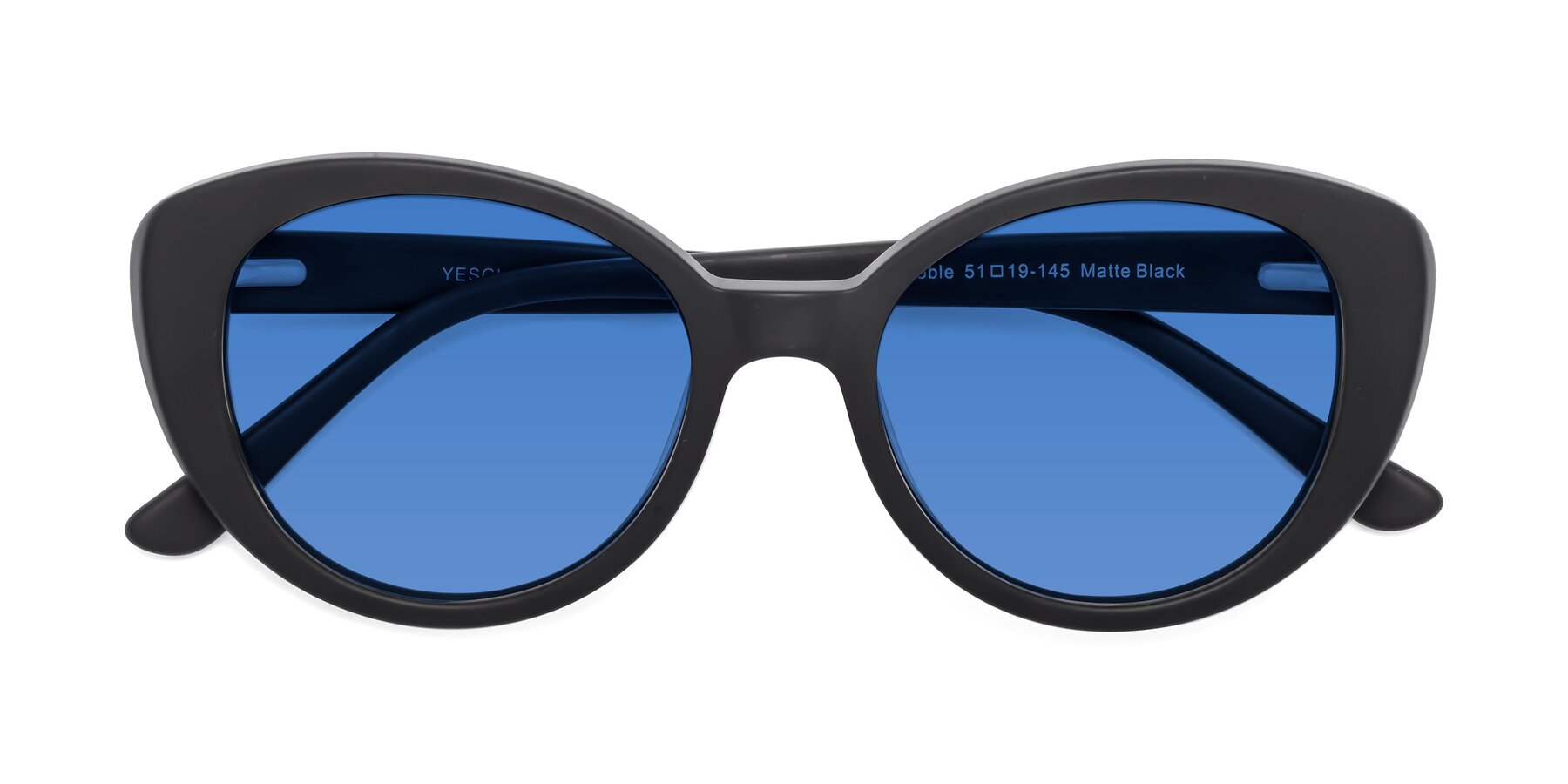 Folded Front of Pebble in Matte Black with Blue Tinted Lenses