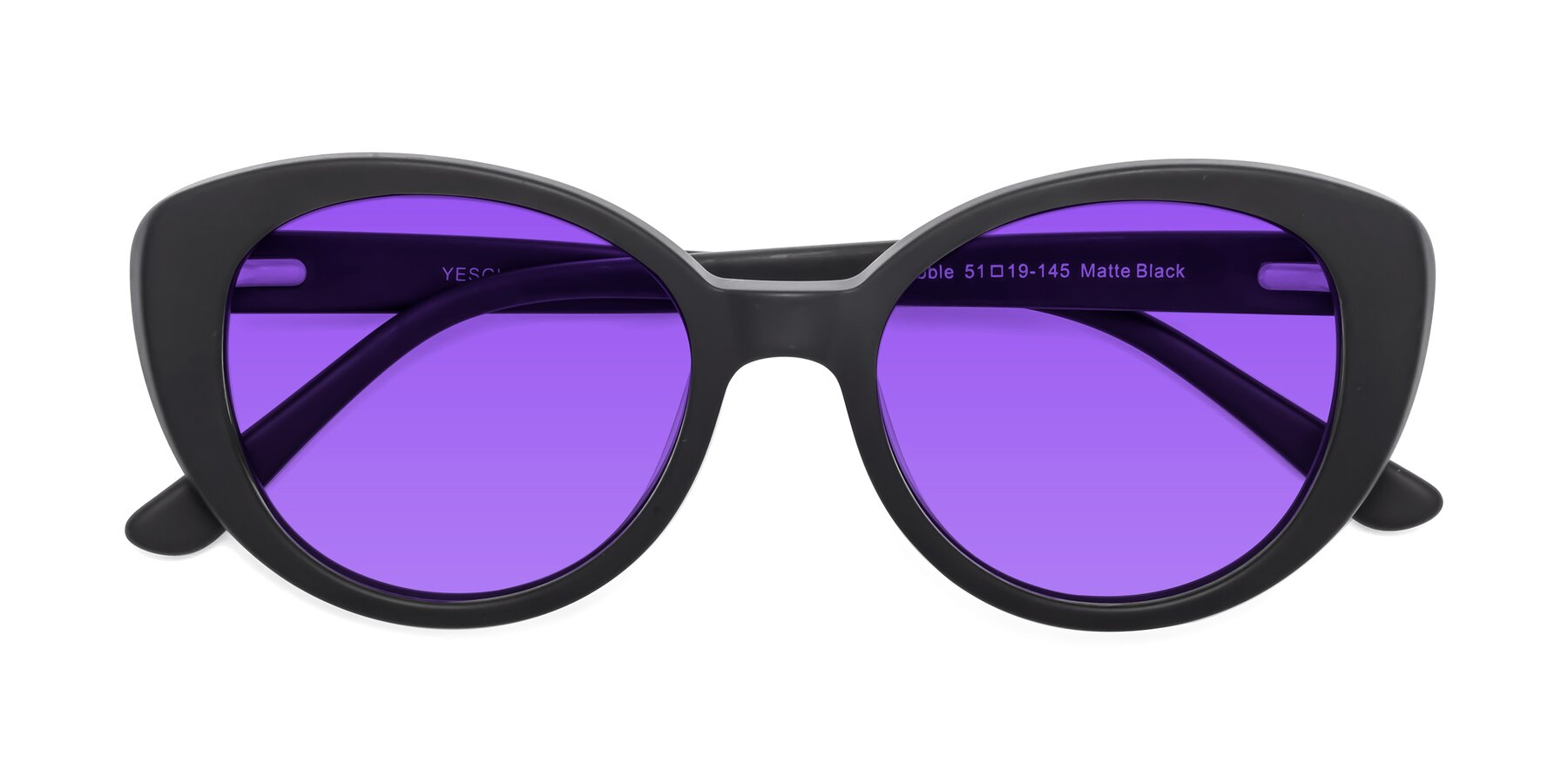 Folded Front of Pebble in Matte Black with Purple Tinted Lenses