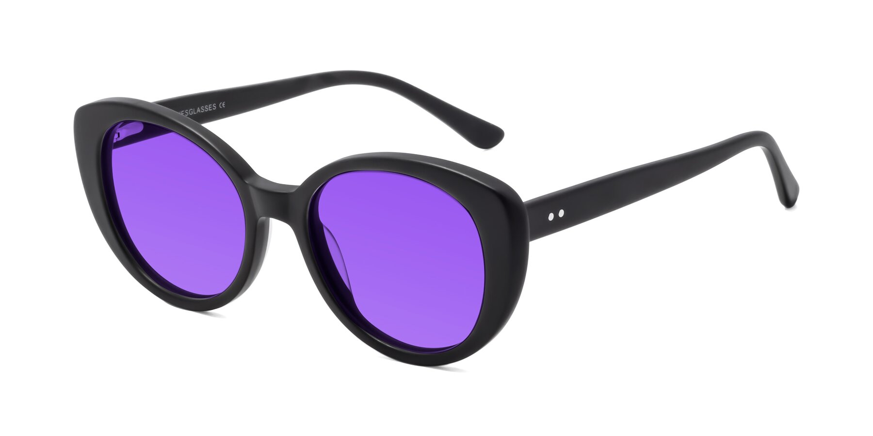 Angle of Pebble in Matte Black with Purple Tinted Lenses