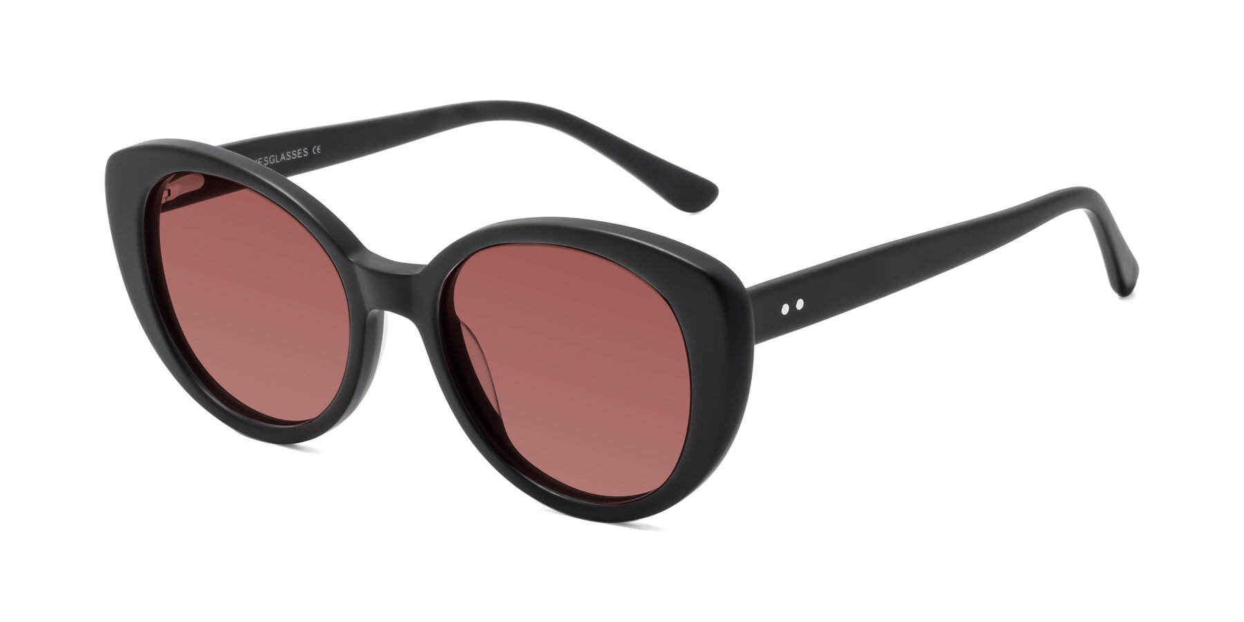 Angle of Pebble in Matte Black with Garnet Tinted Lenses