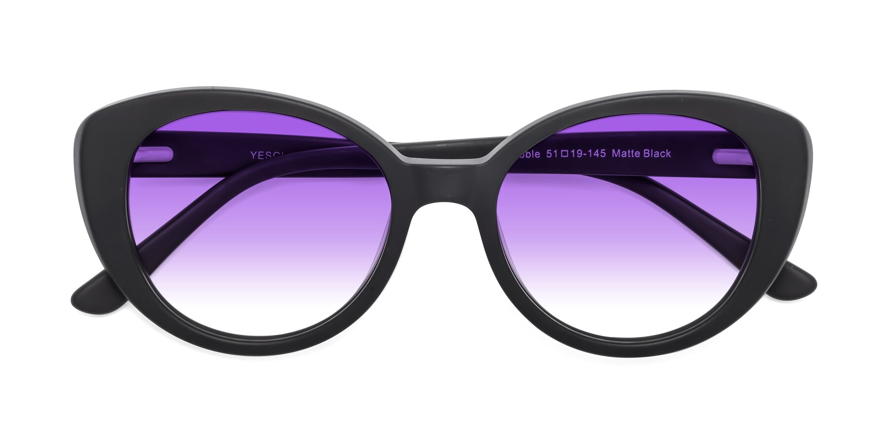 Folded Front of Pebble in Matte Black with Purple Gradient Lenses