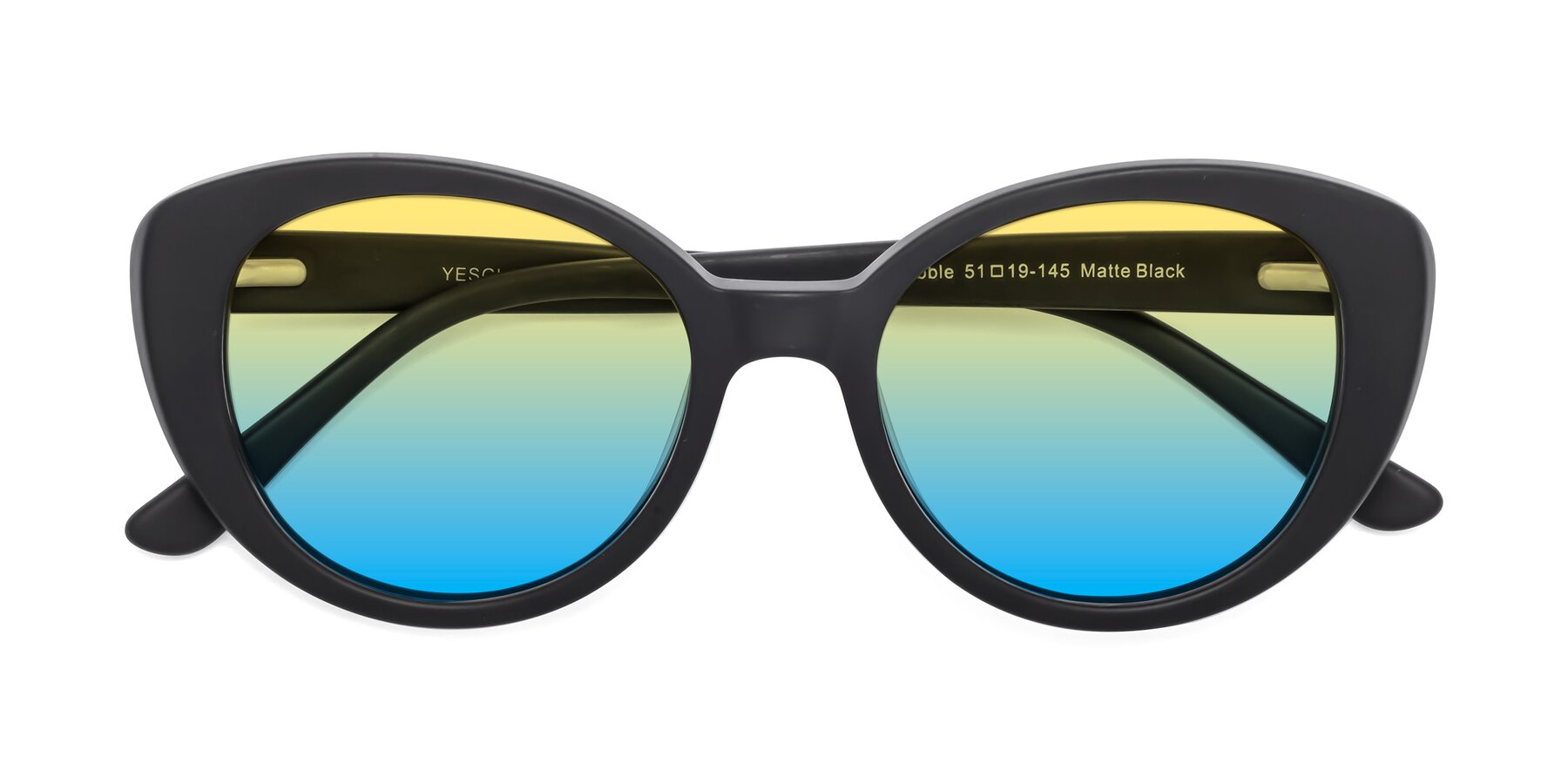 Folded Front of Pebble in Matte Black with Yellow / Blue Gradient Lenses