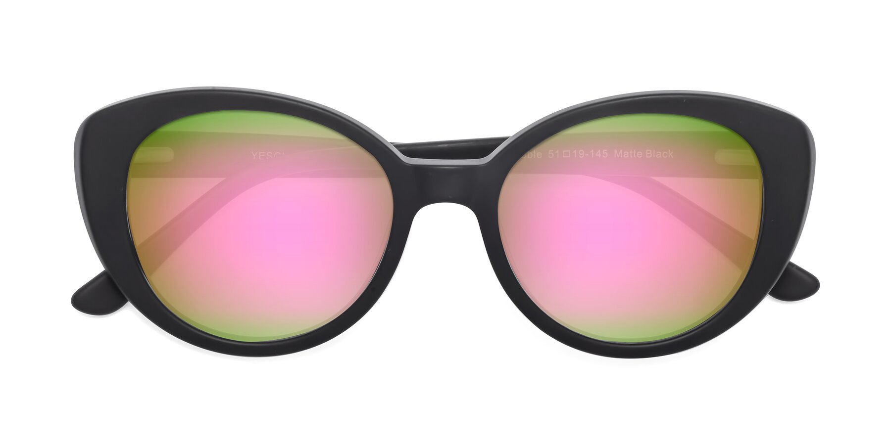 Folded Front of Pebble in Matte Black with Pink Mirrored Lenses