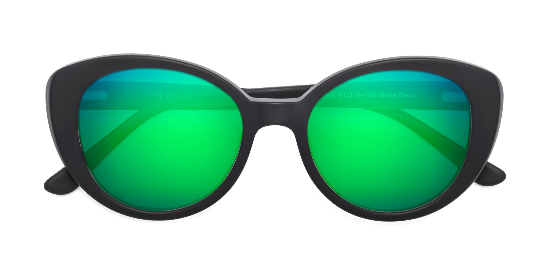 Folded Front of Pebble in Matte Black with Green Mirrored Lenses