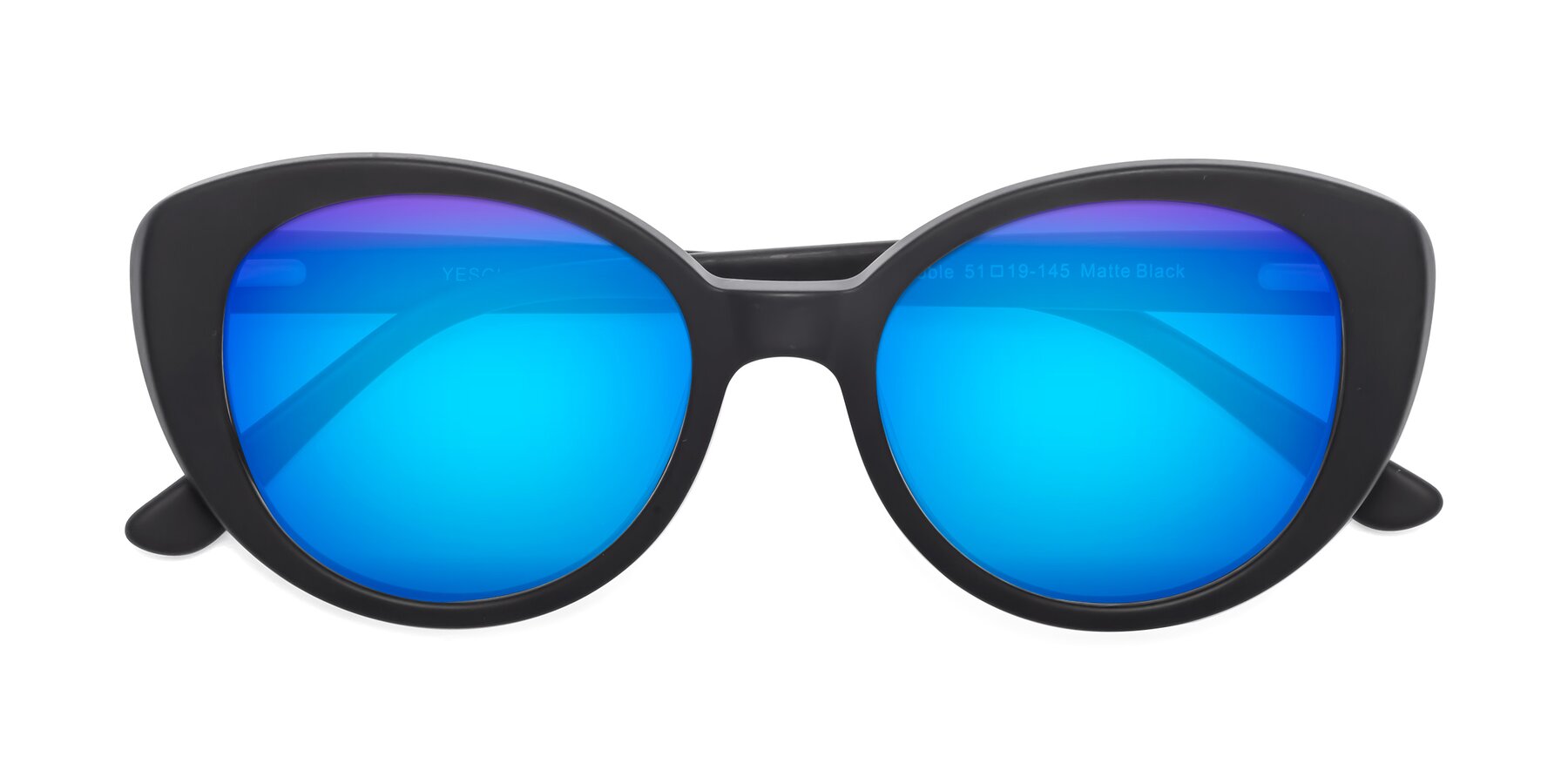 Folded Front of Pebble in Matte Black with Blue Mirrored Lenses