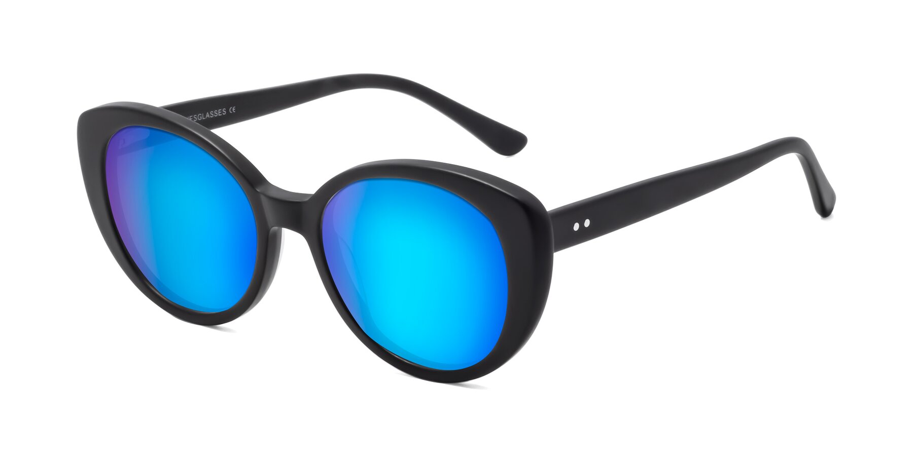 Angle of Pebble in Matte Black with Blue Mirrored Lenses