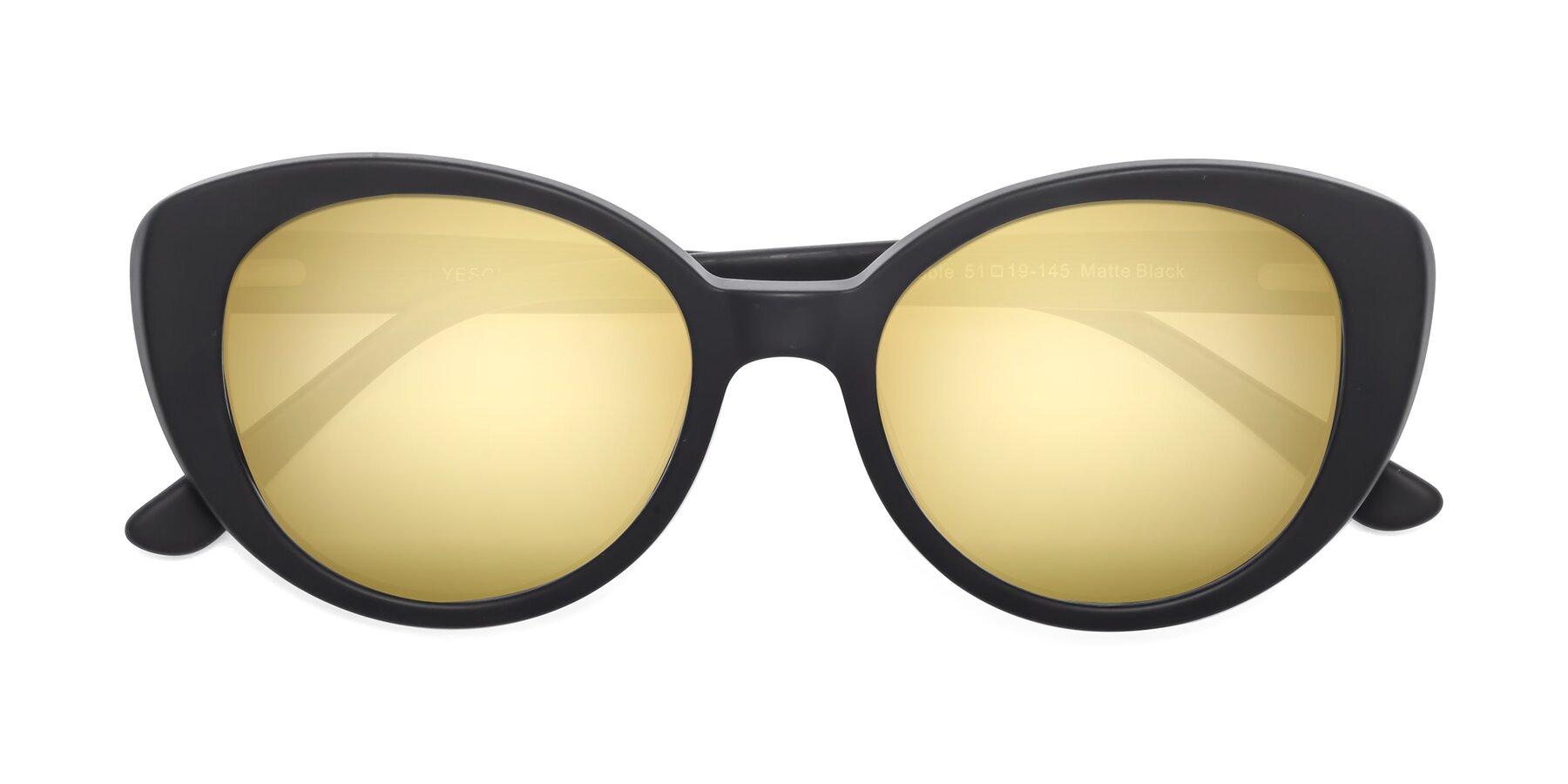 Folded Front of Pebble in Matte Black with Gold Mirrored Lenses