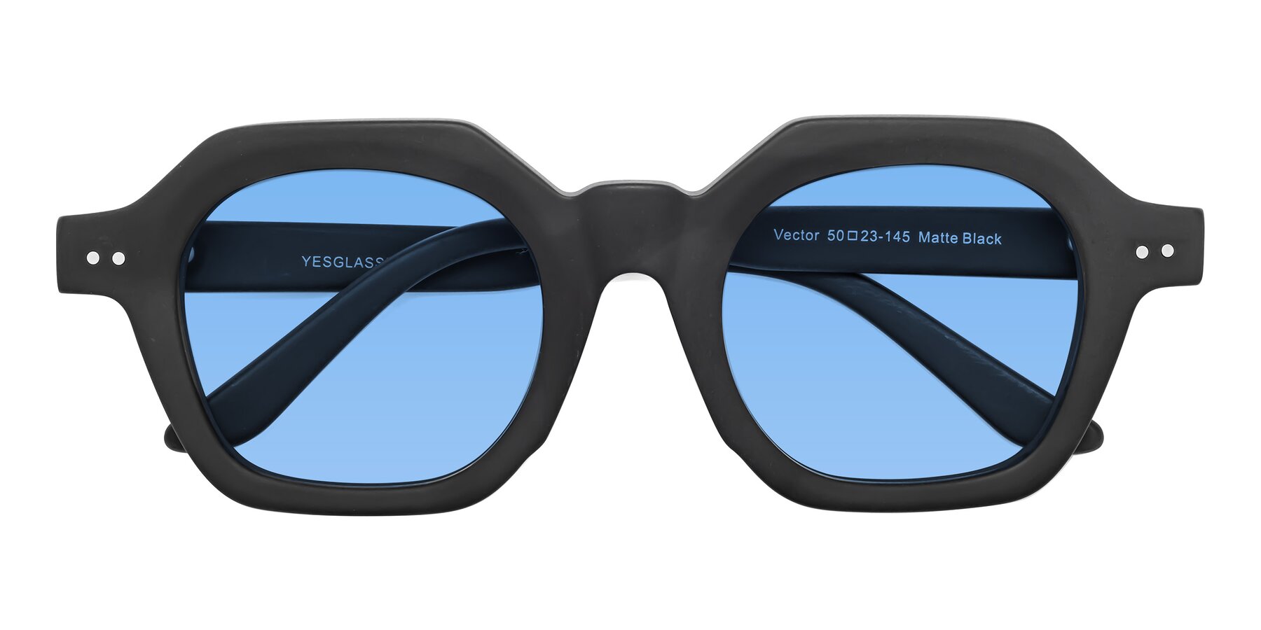 Folded Front of Vector in Matte Black with Medium Blue Tinted Lenses