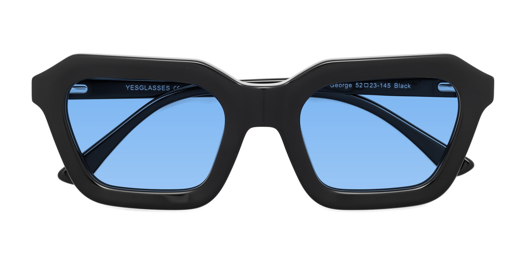 Folded Front of George in Black with Medium Blue Tinted Lenses