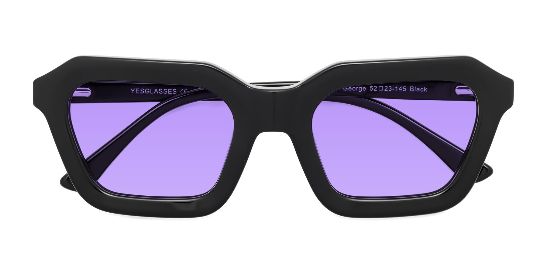 Folded Front of George in Black with Medium Purple Tinted Lenses