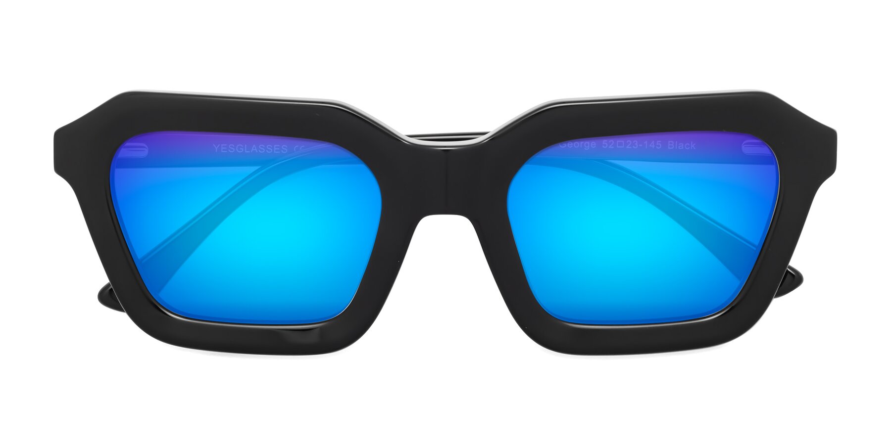 Folded Front of George in Black with Blue Mirrored Lenses