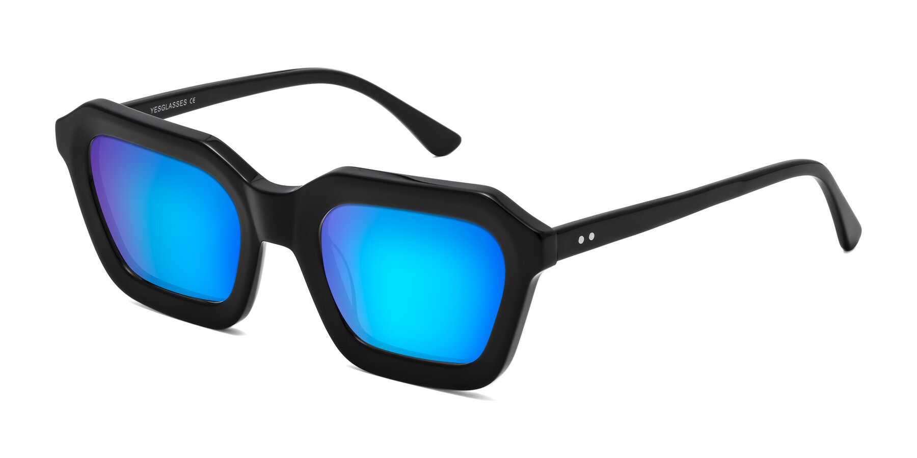 Angle of George in Black with Blue Mirrored Lenses