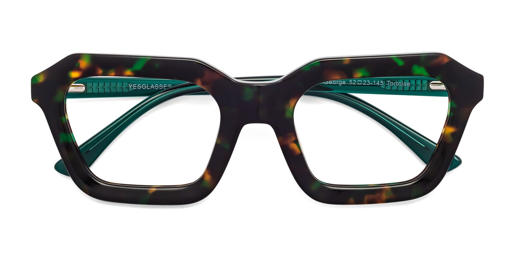 Folded Front of George in Green Tortoise with Clear Reading Eyeglass Lenses