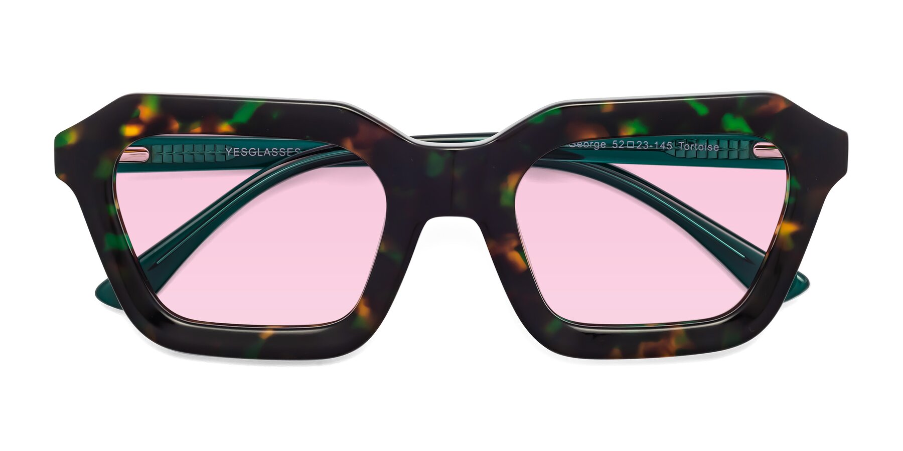 Folded Front of George in Green Tortoise with Light Pink Tinted Lenses