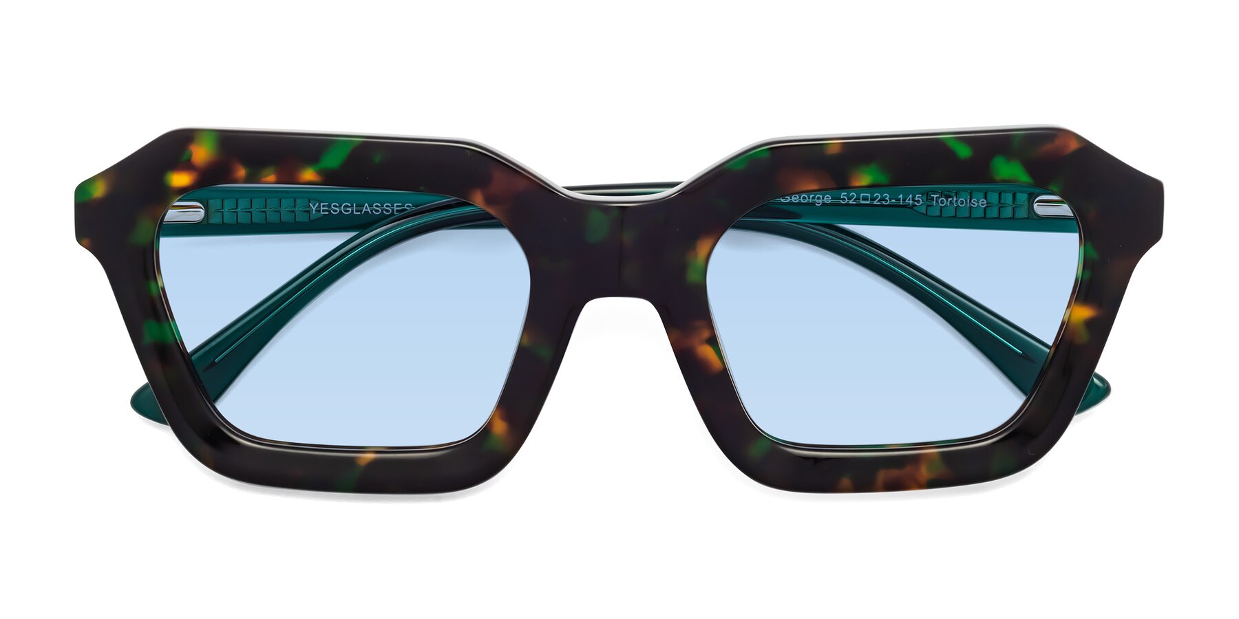 Folded Front of George in Green Tortoise with Light Blue Tinted Lenses
