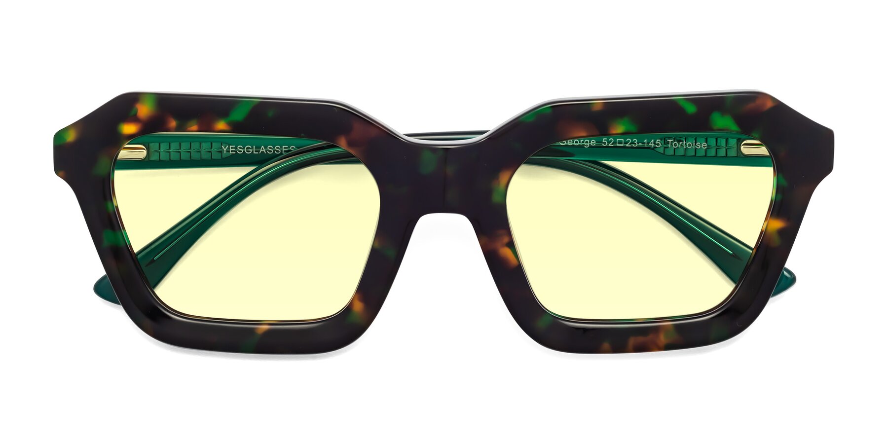 Folded Front of George in Green Tortoise with Light Yellow Tinted Lenses