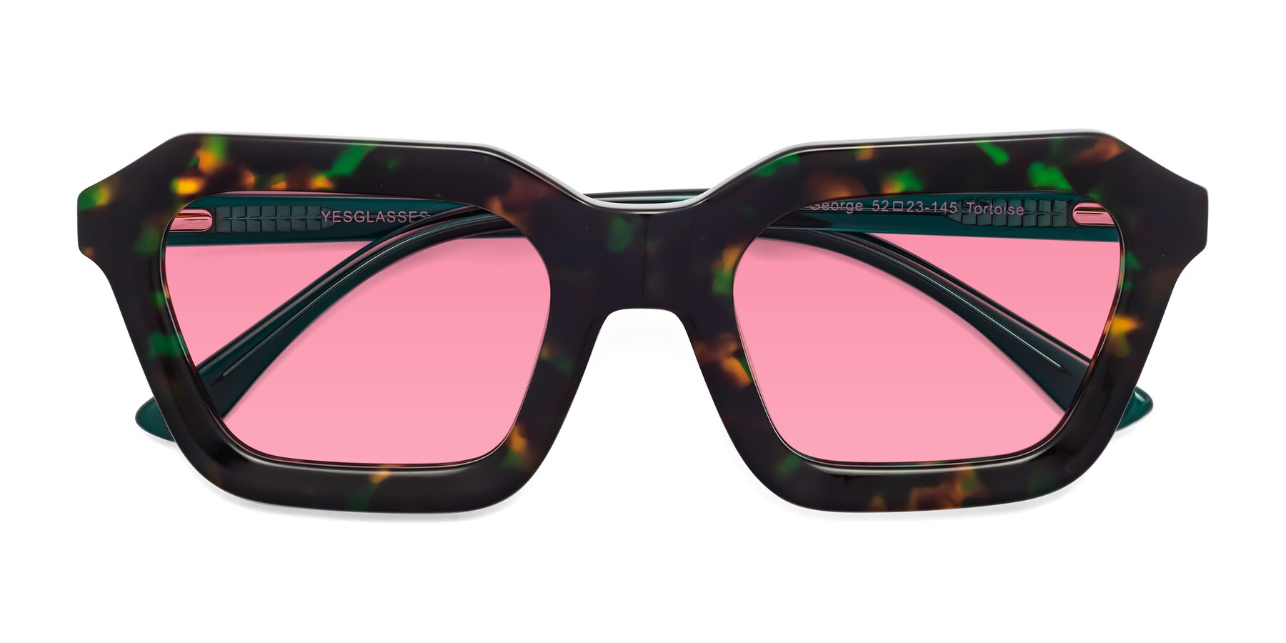 Folded Front of George in Green Tortoise with Pink Tinted Lenses
