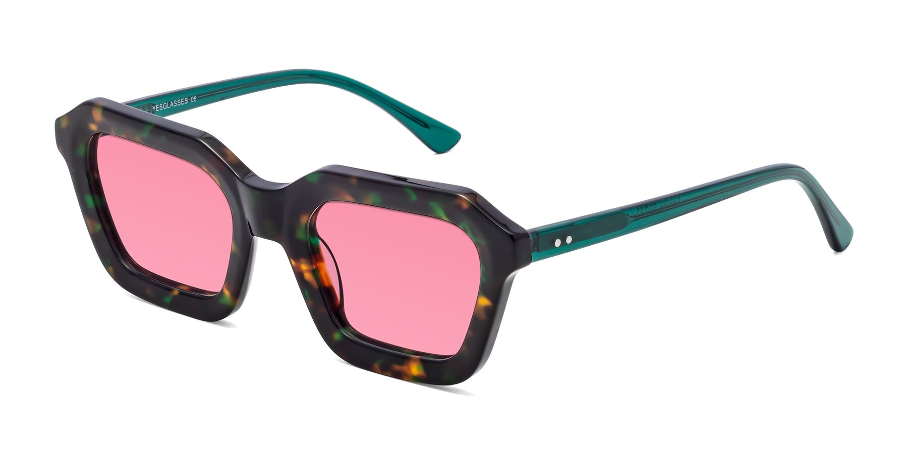 Angle of George in Green Tortoise with Pink Tinted Lenses