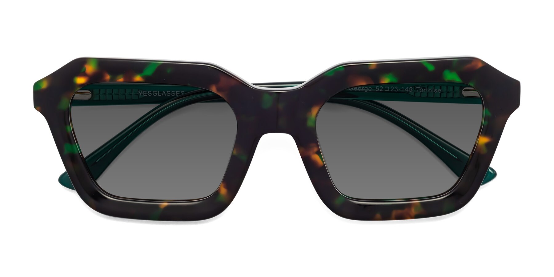 Folded Front of George in Green Tortoise with Medium Gray Tinted Lenses