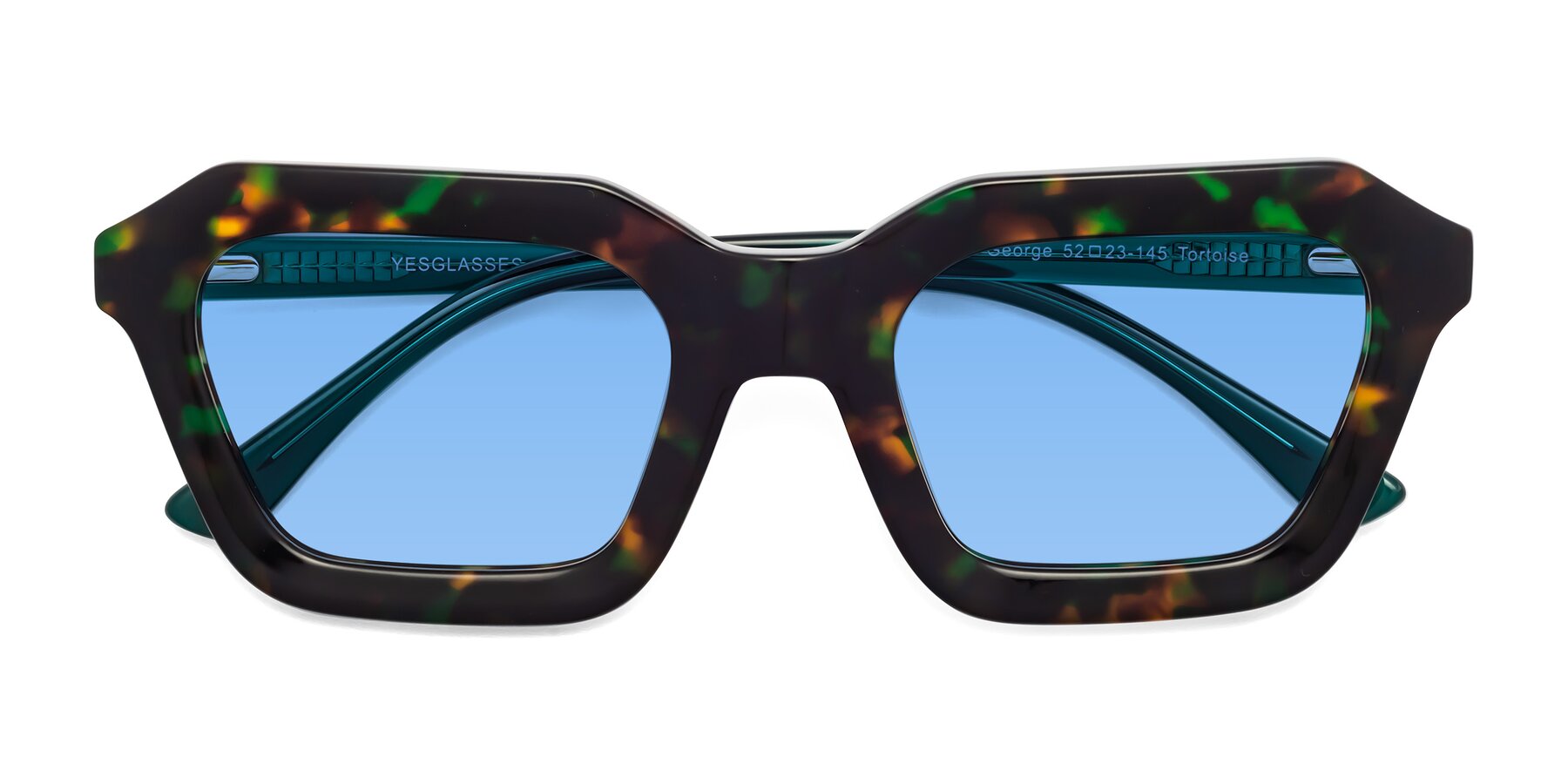 Folded Front of George in Green Tortoise with Medium Blue Tinted Lenses