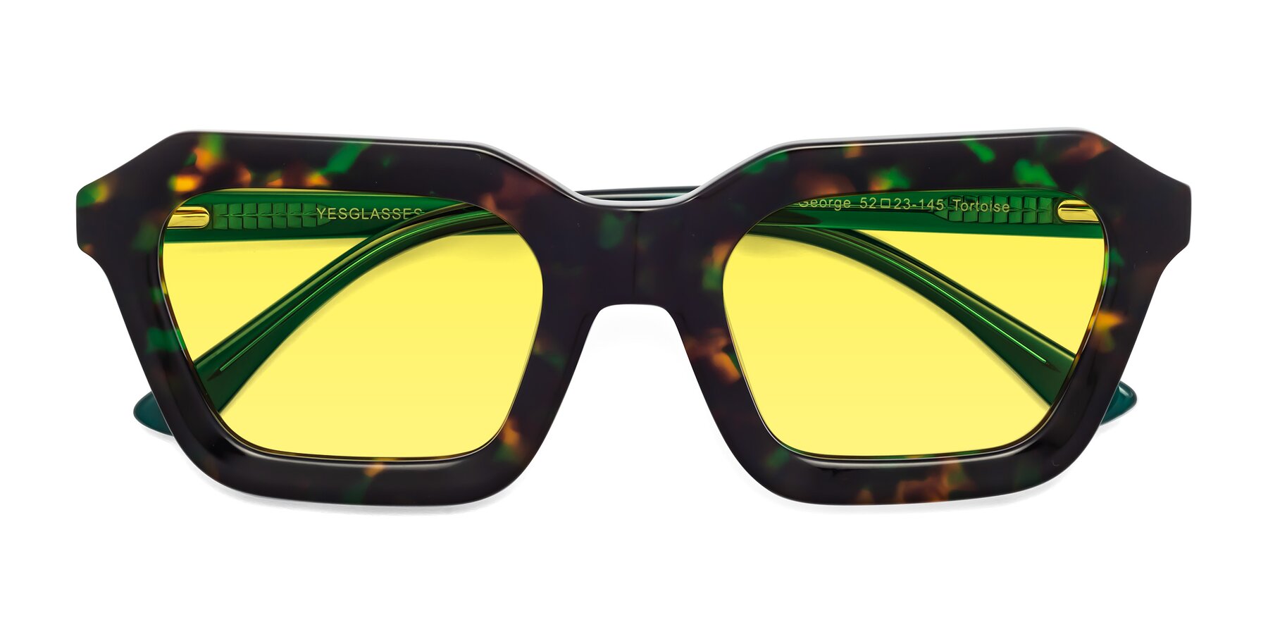 Folded Front of George in Green Tortoise with Medium Yellow Tinted Lenses