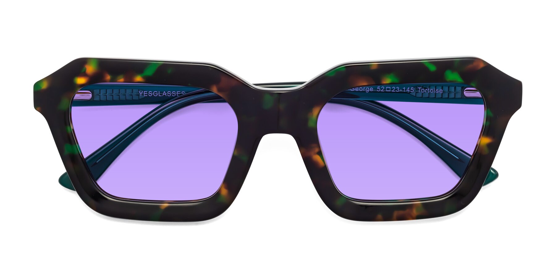 Folded Front of George in Green Tortoise with Medium Purple Tinted Lenses