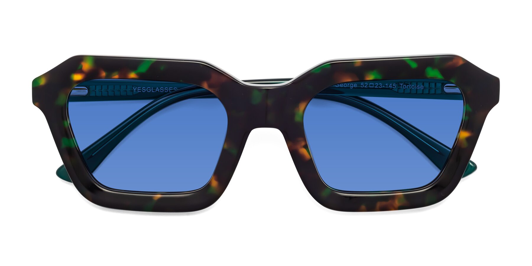 Folded Front of George in Green Tortoise with Blue Tinted Lenses