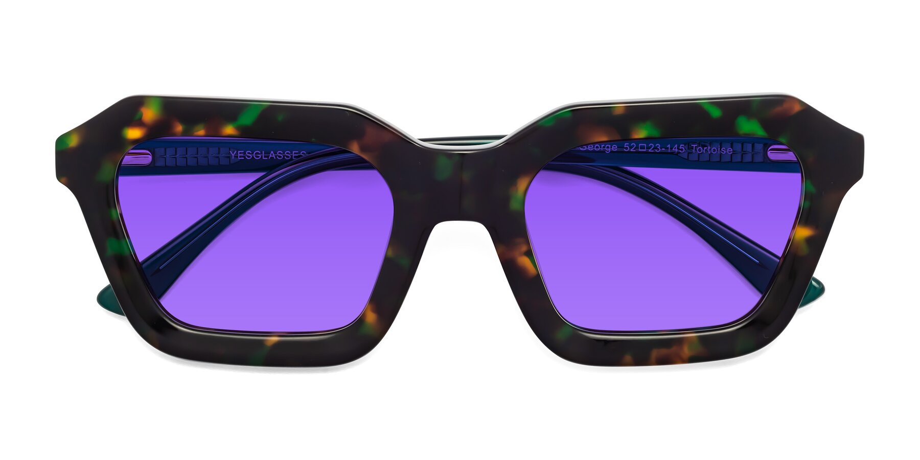 Folded Front of George in Green Tortoise with Purple Tinted Lenses
