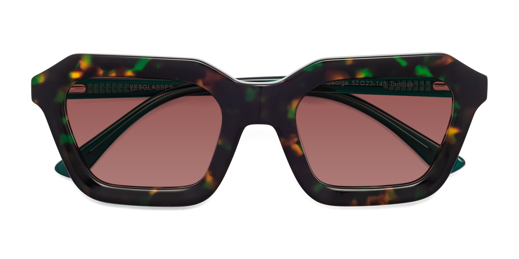 Folded Front of George in Green Tortoise with Garnet Tinted Lenses