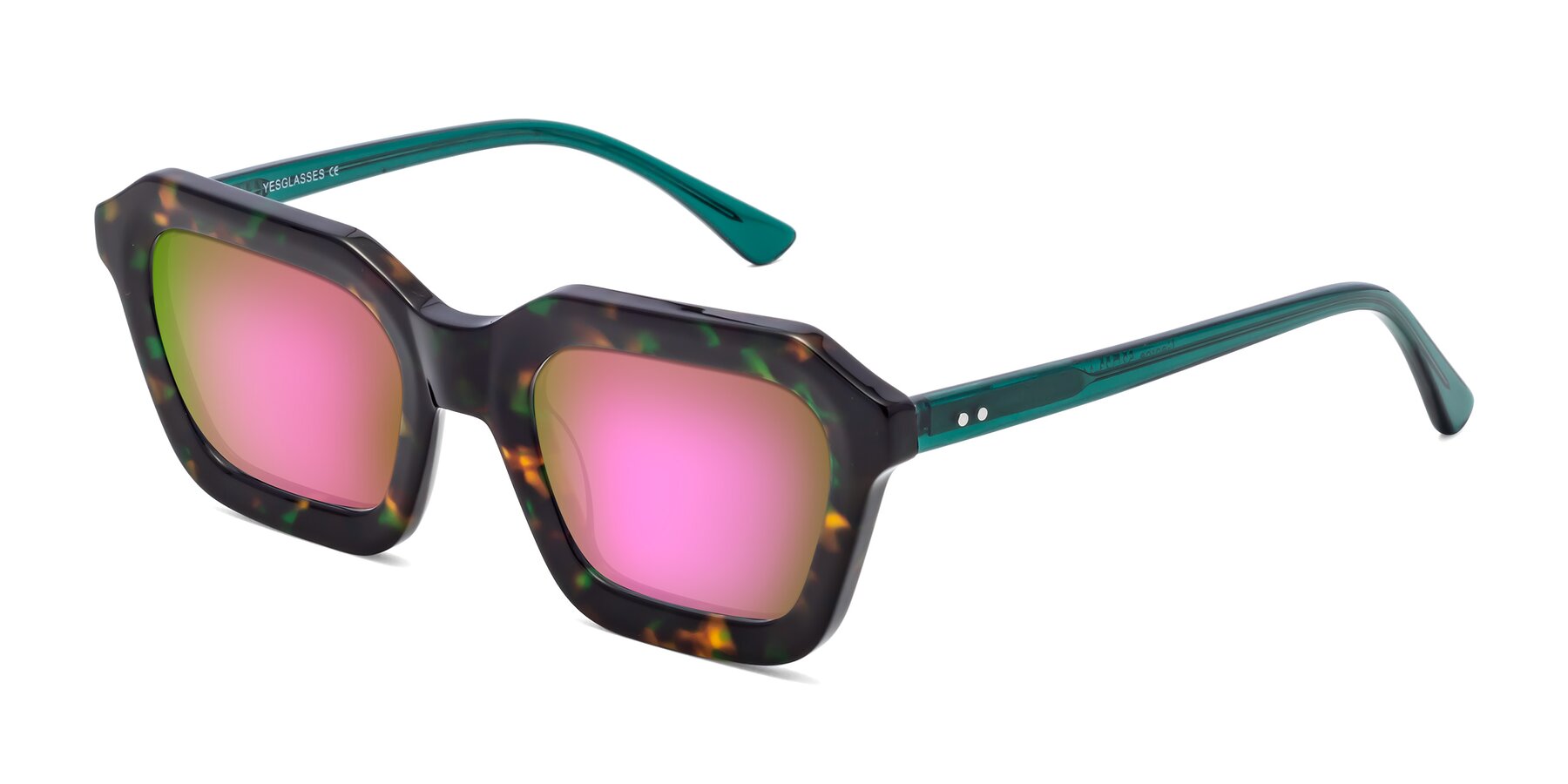 Angle of George in Green Tortoise with Pink Mirrored Lenses