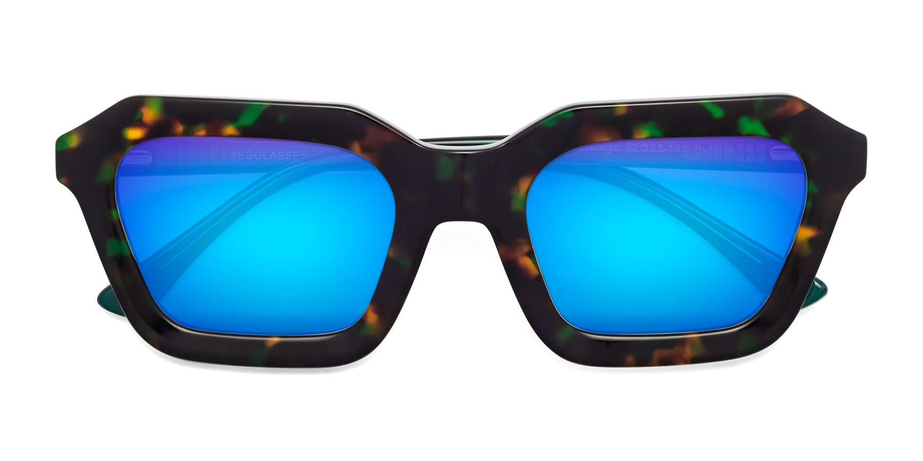 Folded Front of George in Green Tortoise with Blue Mirrored Lenses