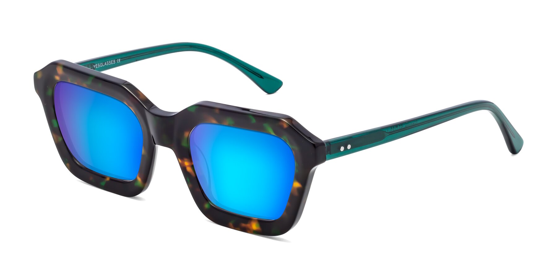 Angle of George in Green Tortoise with Blue Mirrored Lenses