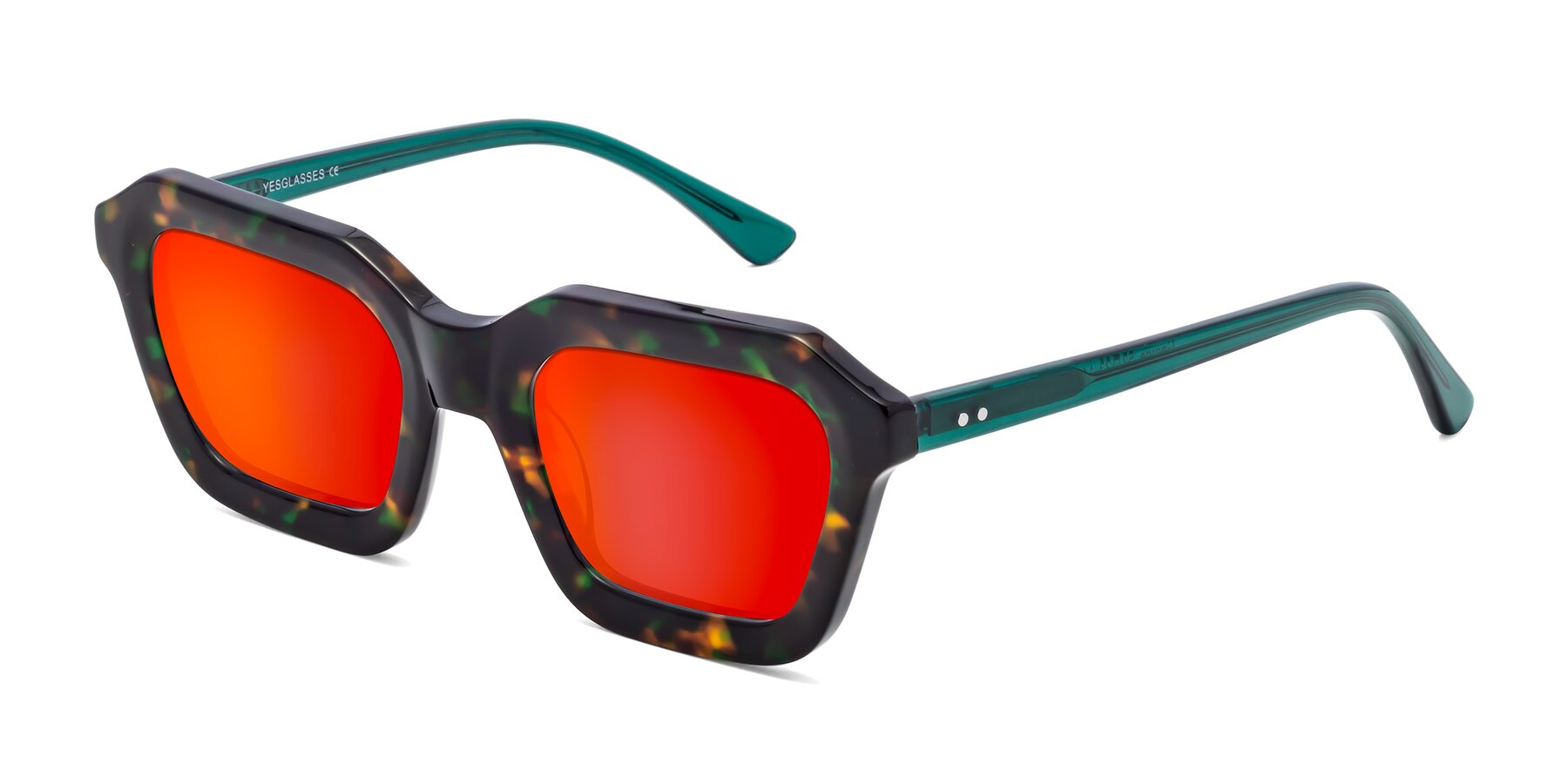 Angle of George in Green Tortoise with Red Gold Mirrored Lenses