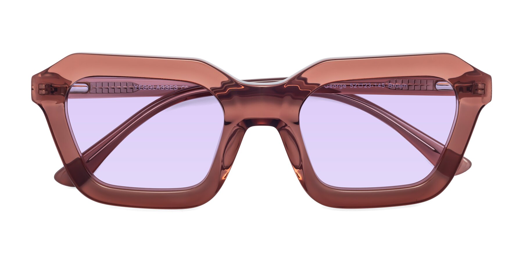 Folded Front of George in Brown with Light Purple Tinted Lenses